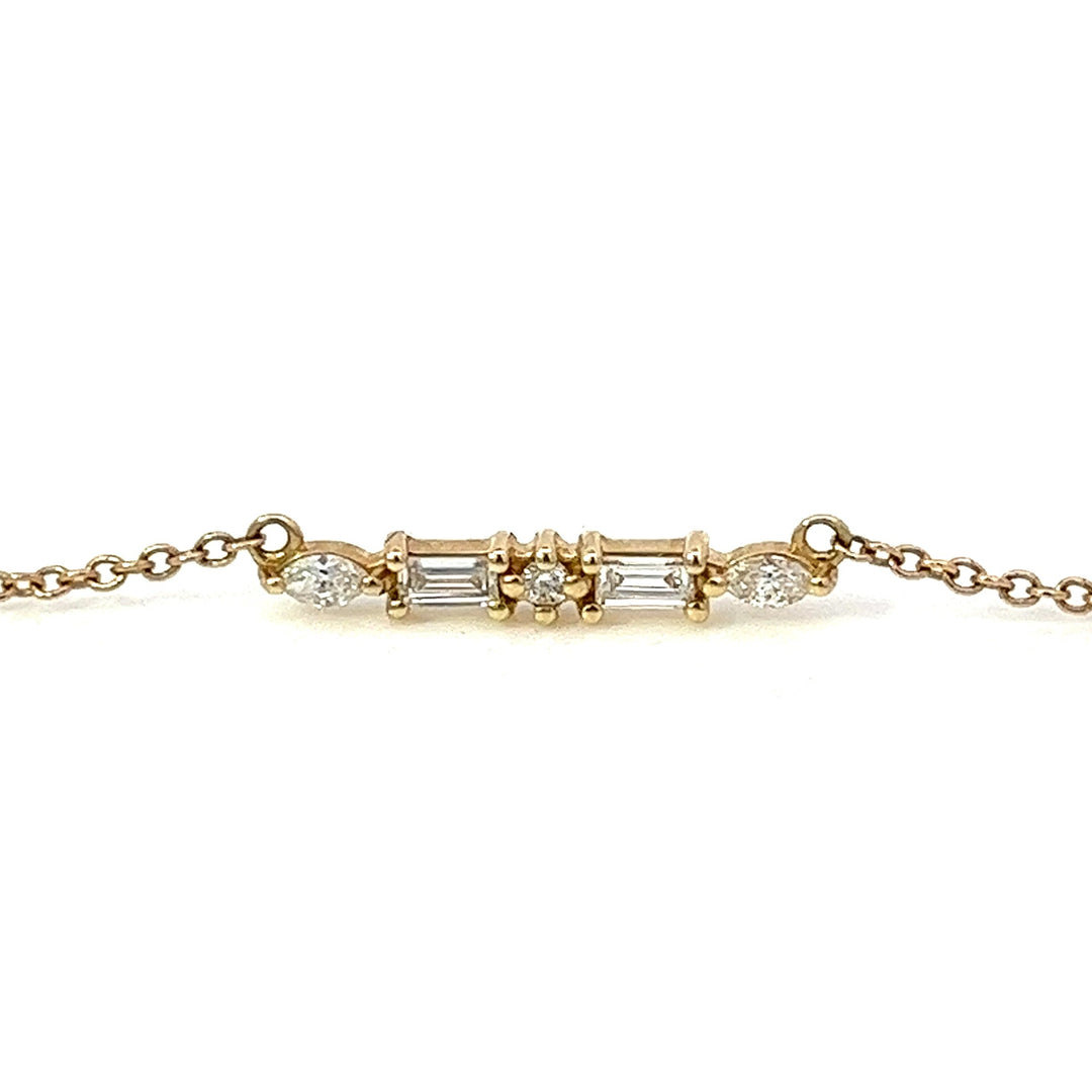 14K solid gold marquise & baguette diamond bar necklace - valentshop.com