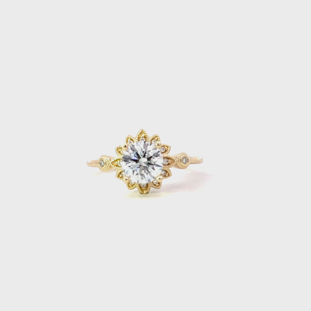 1.25 ctw round diamond sunburst engagement ring with milgrain details