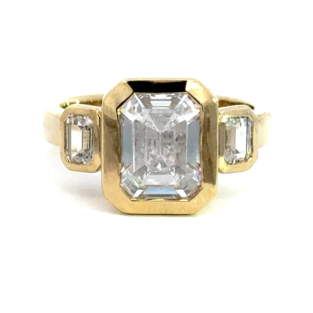 4.2 ctw emerald-cut diamond three-stone bezel wide band engagement ring - Valentshop Jewelry
