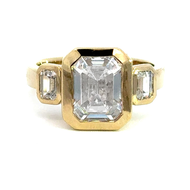 4.2 ctw emerald-cut diamond three-stone bezel wide band engagement ring - Valentshop Jewelry