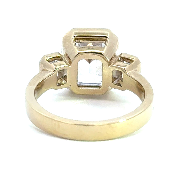 4.2 ctw emerald-cut diamond three-stone bezel wide band engagement ring - Valentshop Jewelry