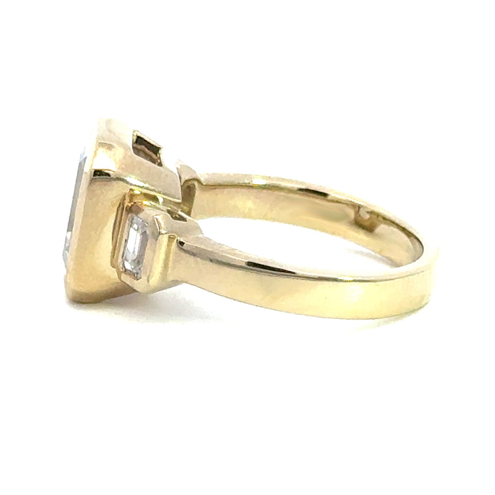 4.2 ctw emerald-cut diamond three-stone bezel wide band engagement ring - Valentshop Jewelry