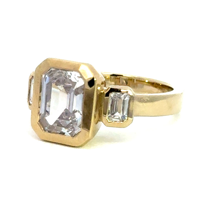 4.2 ctw emerald-cut diamond three-stone bezel wide band engagement ring - Valentshop Jewelry