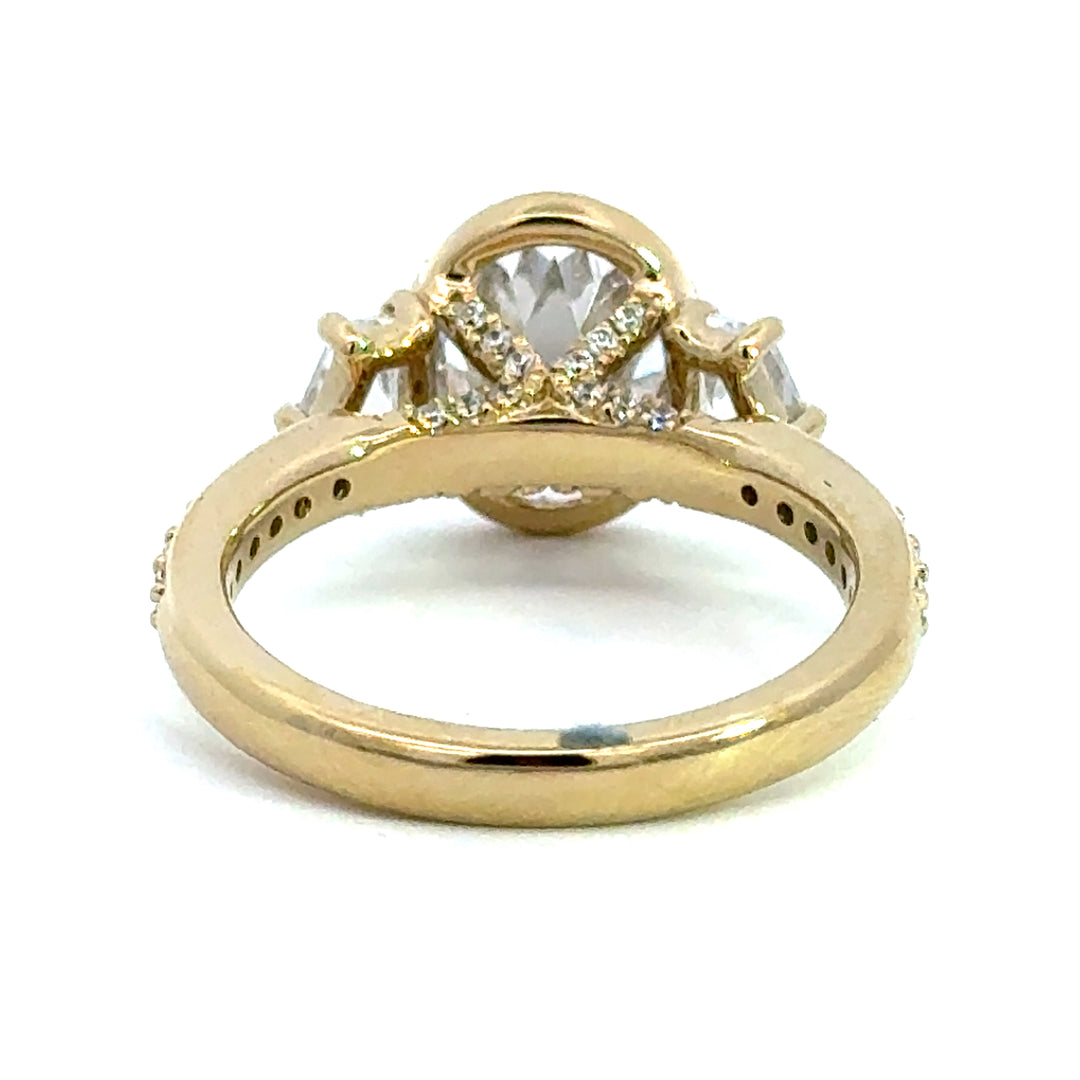 4.1 ctw oval diamond three-stone bezel pentagon with pave band engagement ring - Valentshop Jewelry