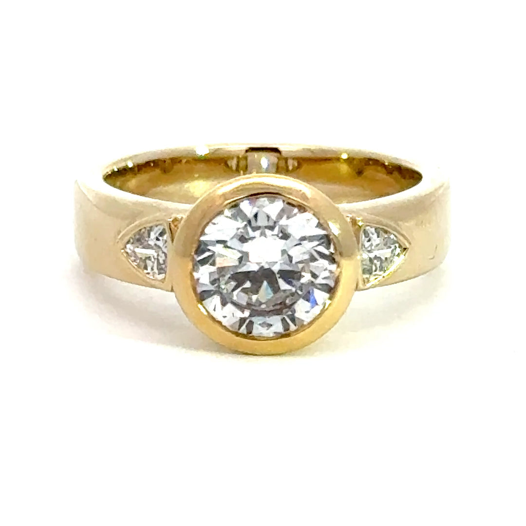 2.2 ctw round diamond bezel three-stone trillion wide band engagement ring - Valentshop Jewelry