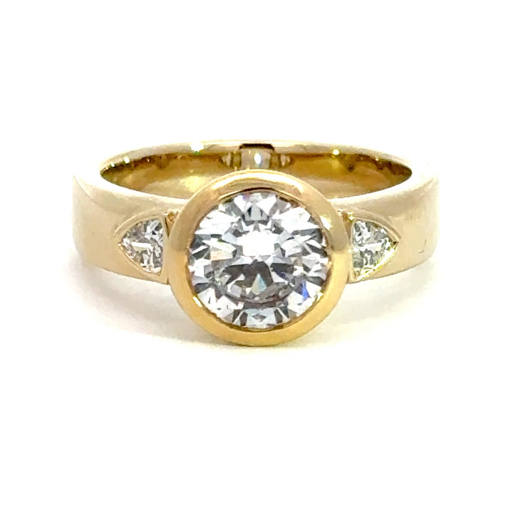 2.2 ctw round diamond bezel three-stone trillion wide band engagement ring - Valentshop Jewelry