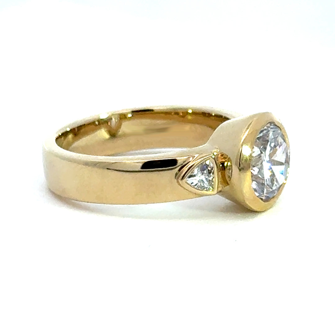 2.2 ctw round diamond bezel three-stone trillion wide band engagement ring - Valentshop Jewelry