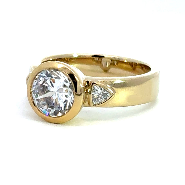 2.2 ctw round diamond bezel three-stone trillion wide band engagement ring - Valentshop Jewelry