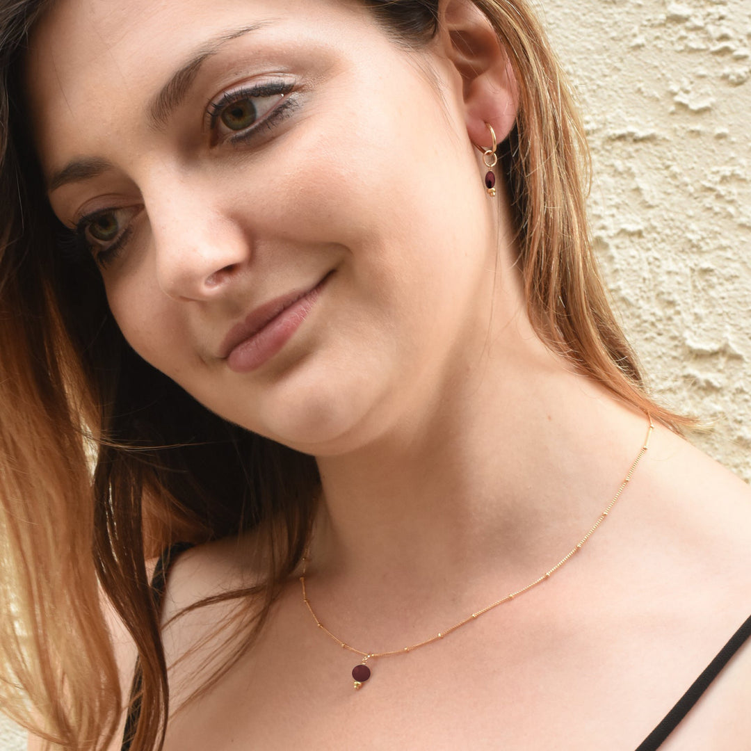 golden rondelle necklace - garnet coin charm - valentshop.com