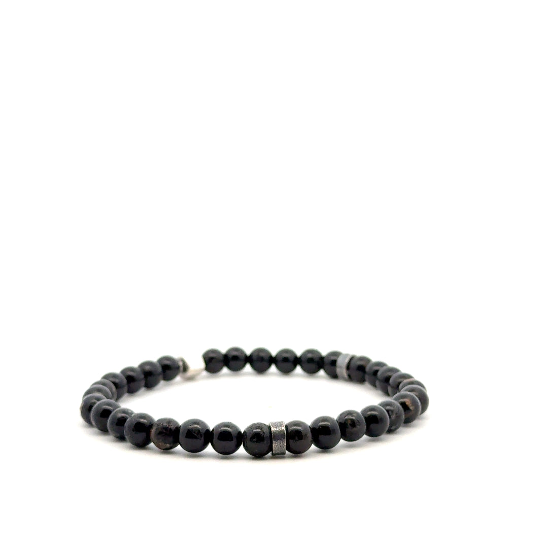 P-76 Mens Natural Black Tourmaline Beaded Bracelet - 1/4 inch width - Valentshop Jewelry