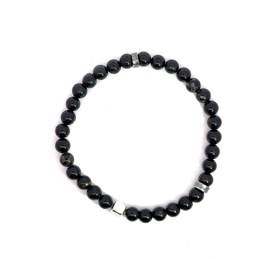 P-76 Mens Natural Black Tourmaline Beaded Bracelet - 1/4 inch width - Valentshop Jewelry