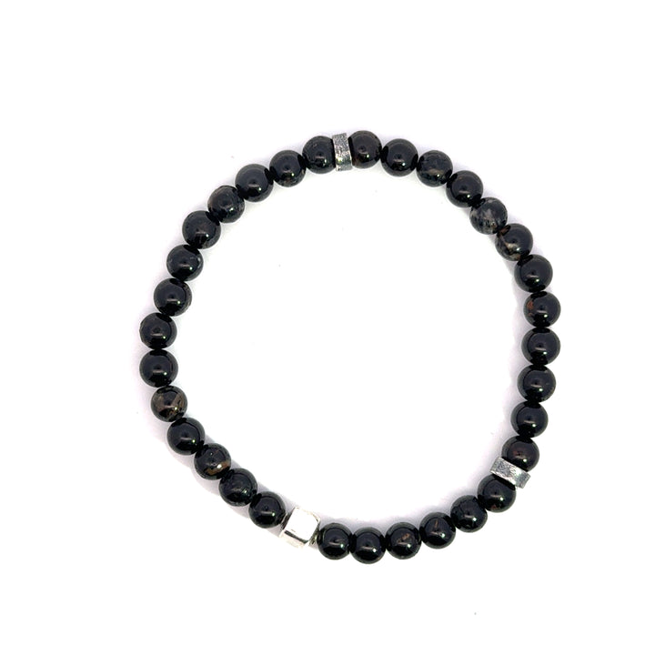 P-76 Mens Natural Black Tourmaline Beaded Bracelet - 1/4 inch width - Valentshop Jewelry