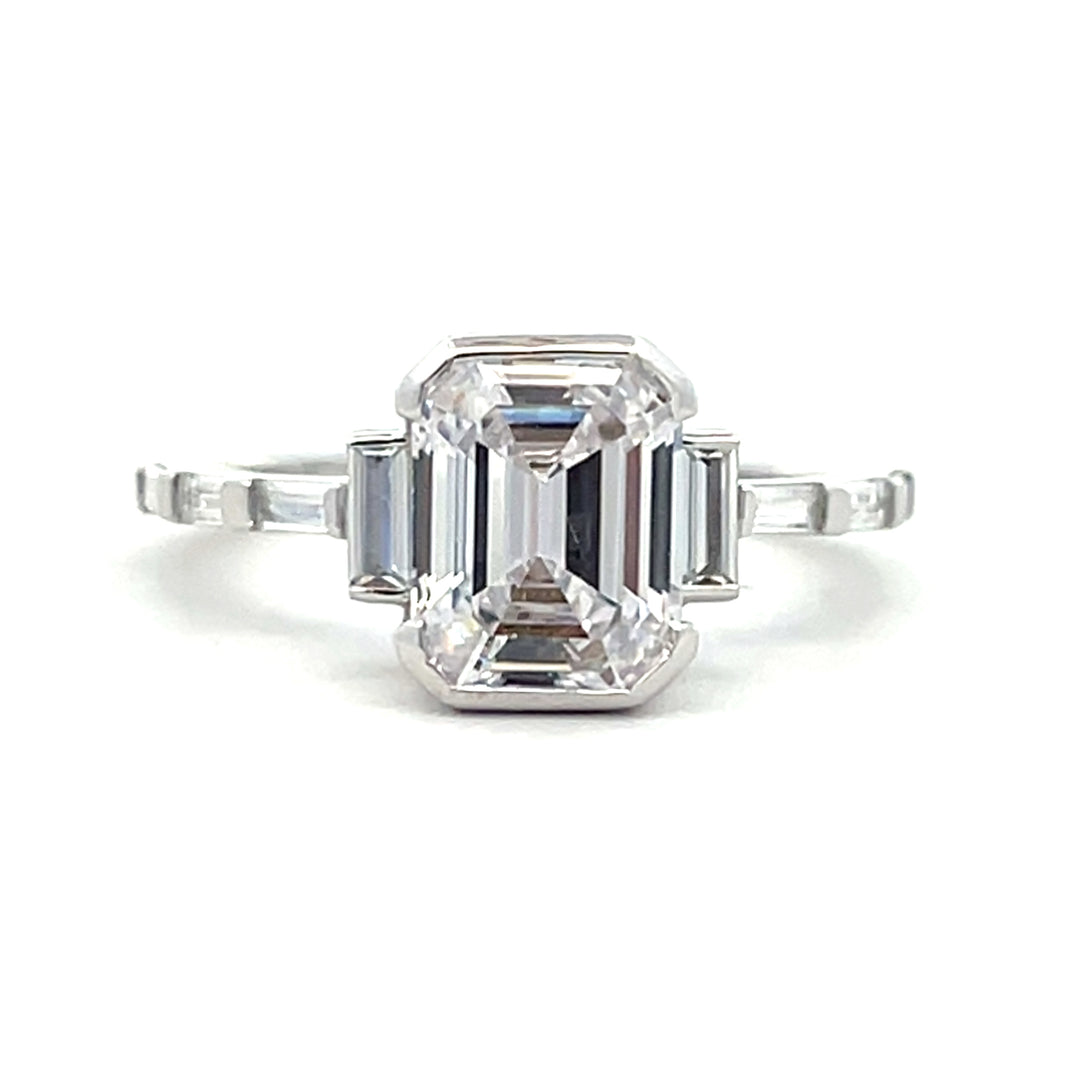 3.1 ctw emerald cut diamond half bezel deco engagement ring - Valentshop Jewelry
