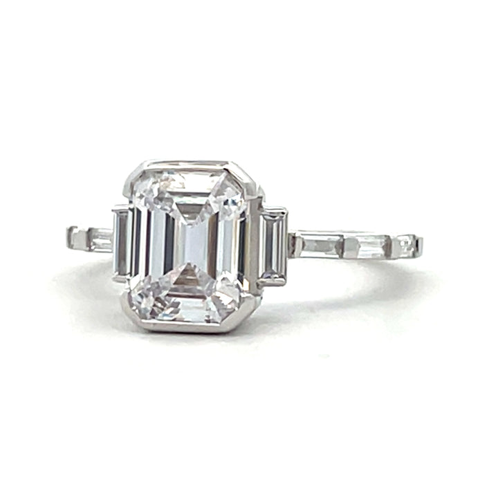 3.1 ctw emerald cut diamond half bezel deco engagement ring - Valentshop Jewelry
