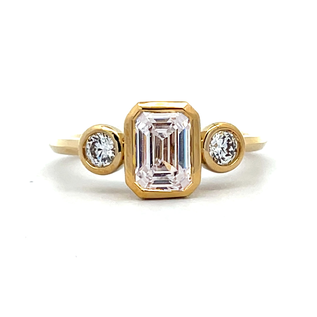 1 1/5 ctw emerald cut diamond 3-stone bezel engagement ring - Valentshop Jewelry