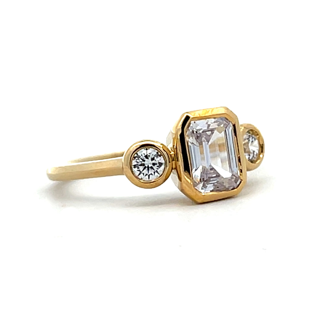 1 1/5 ctw emerald cut diamond 3-stone bezel engagement ring - Valentshop Jewelry