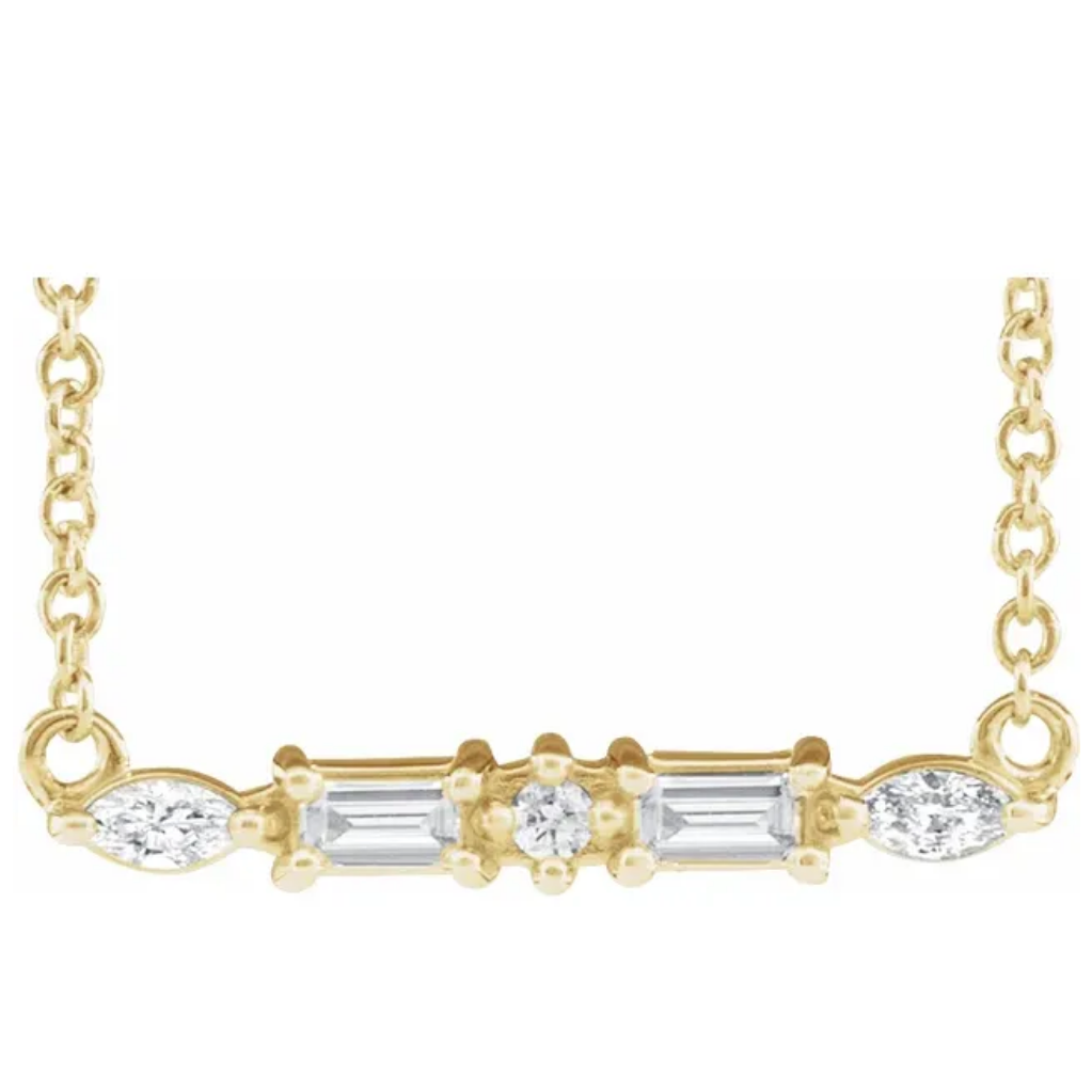14K solid gold marquise & baguette diamond bar necklace - valentshop.com