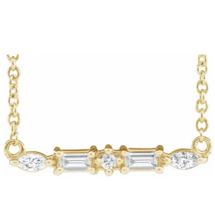 14K solid gold marquise & baguette diamond bar necklace - valentshop.com