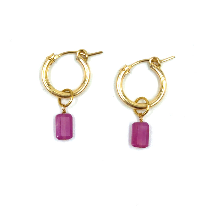 pink tourmaline emerald-cut baby hoop earrings - Valentshop Jewelry