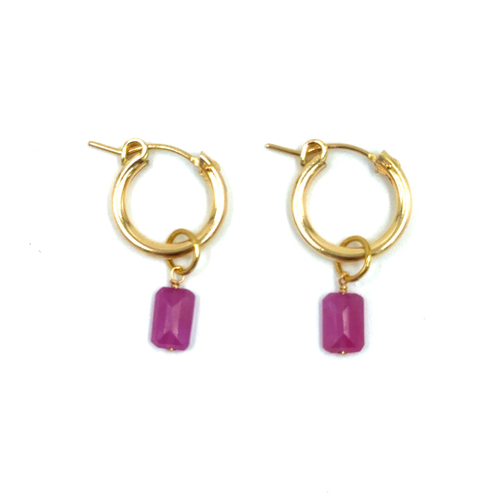pink tourmaline emerald-cut baby hoop earrings - Valentshop Jewelry