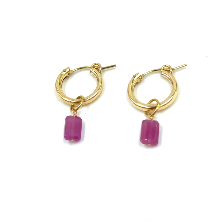 pink tourmaline emerald-cut baby hoop earrings - Valentshop Jewelry