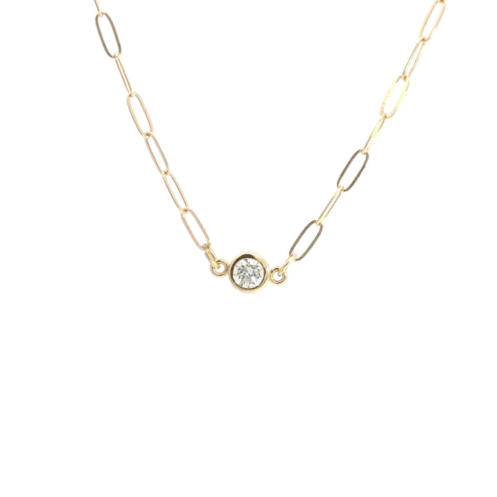 Round Bezel Diamond Paperclip Chain Necklace, 0.20 ct, 14K yellow gold