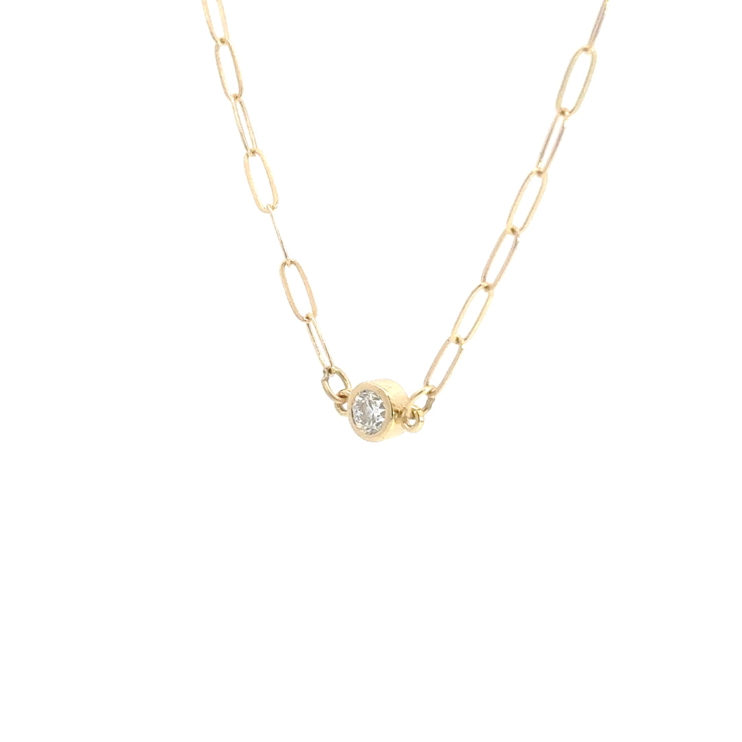 Round Bezel Diamond Paperclip Chain Necklace, 0.20 ct, 14K yellow gold