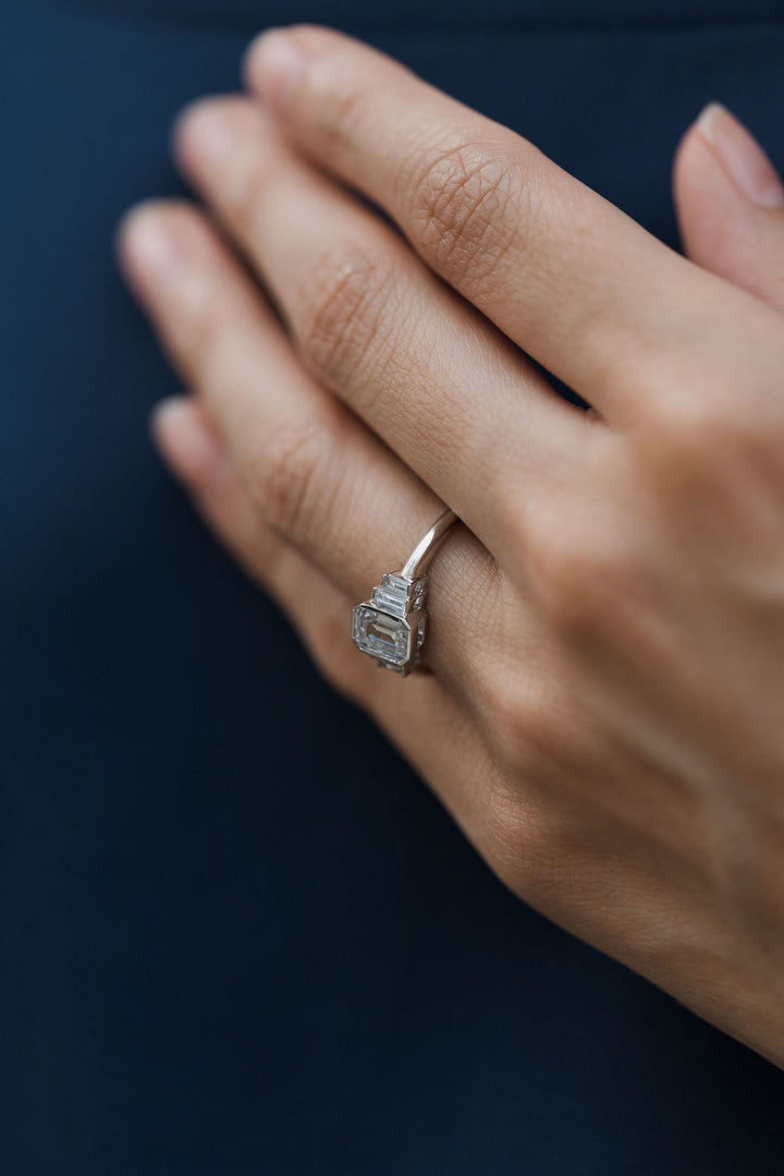 1 1/5 ctw emerald cut diamond 5-stone bezel engagement ring - Valentshop Jewelry