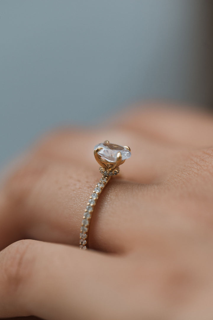 1 1/2 ctw oval diamond engagement ring with pave accents & hidden collar - Valentshop Jewelry