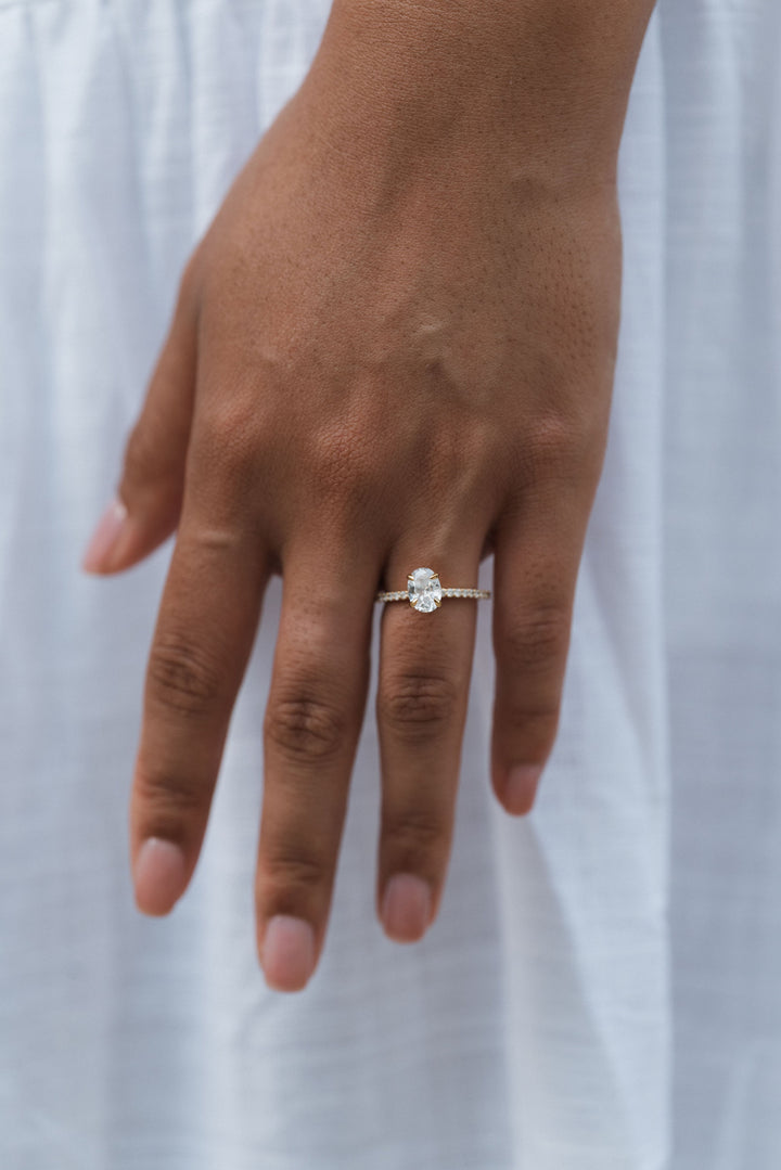 1 1/2 ctw oval diamond engagement ring with pave accents & hidden collar - Valentshop Jewelry