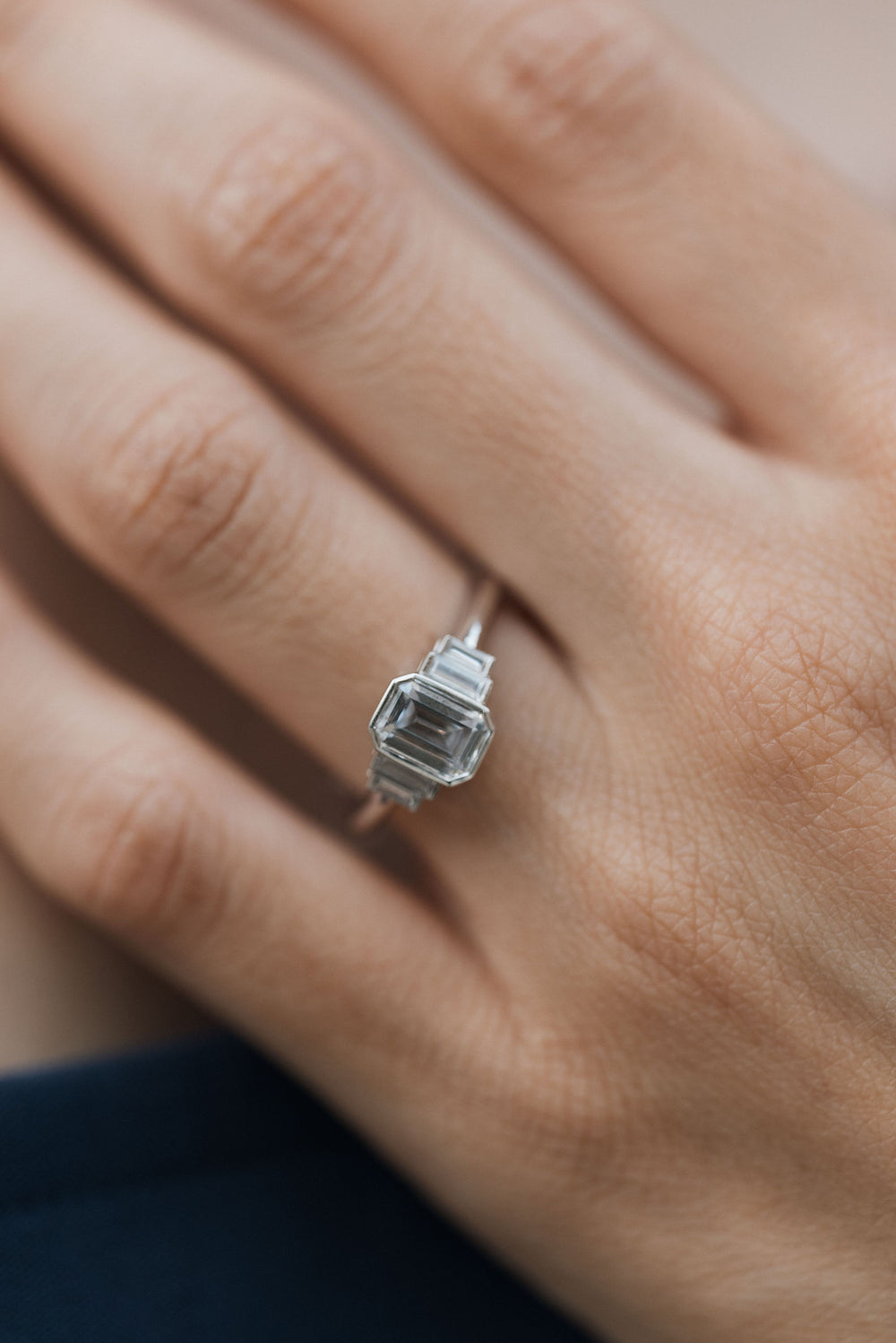 1 1/5 ctw emerald cut diamond 5-stone bezel engagement ring - Valentshop Jewelry