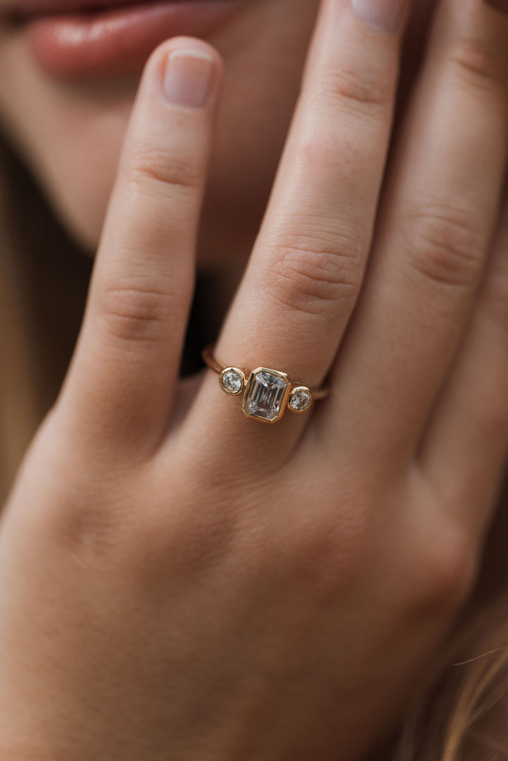 1 1/5 ctw emerald cut diamond 3-stone bezel engagement ring - Valentshop Jewelry