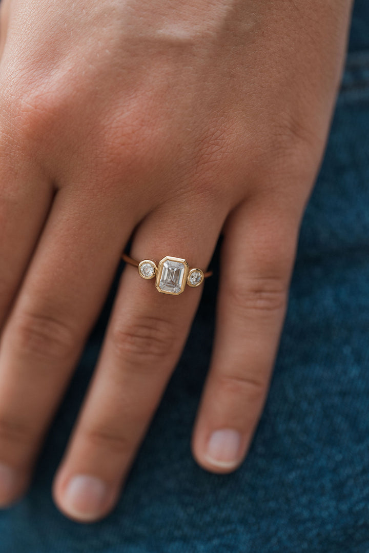 1 1/5 ctw emerald cut diamond 3-stone bezel engagement ring - Valentshop Jewelry