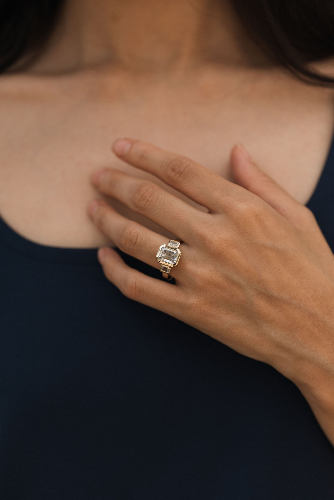 4.2 ctw emerald-cut diamond three-stone bezel wide band engagement ring - Valentshop Jewelry