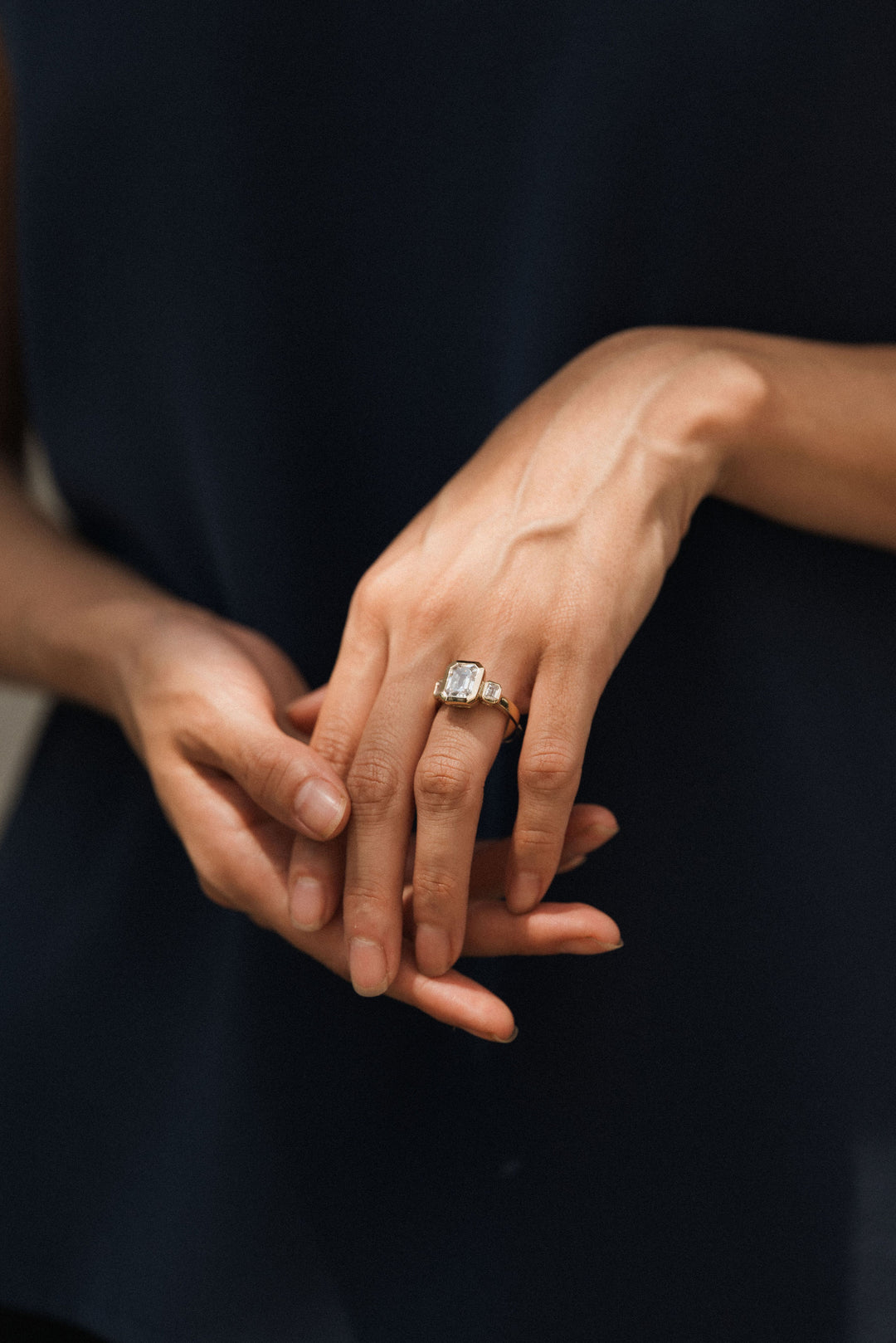 4.2 ctw emerald-cut diamond three-stone bezel wide band engagement ring - Valentshop Jewelry