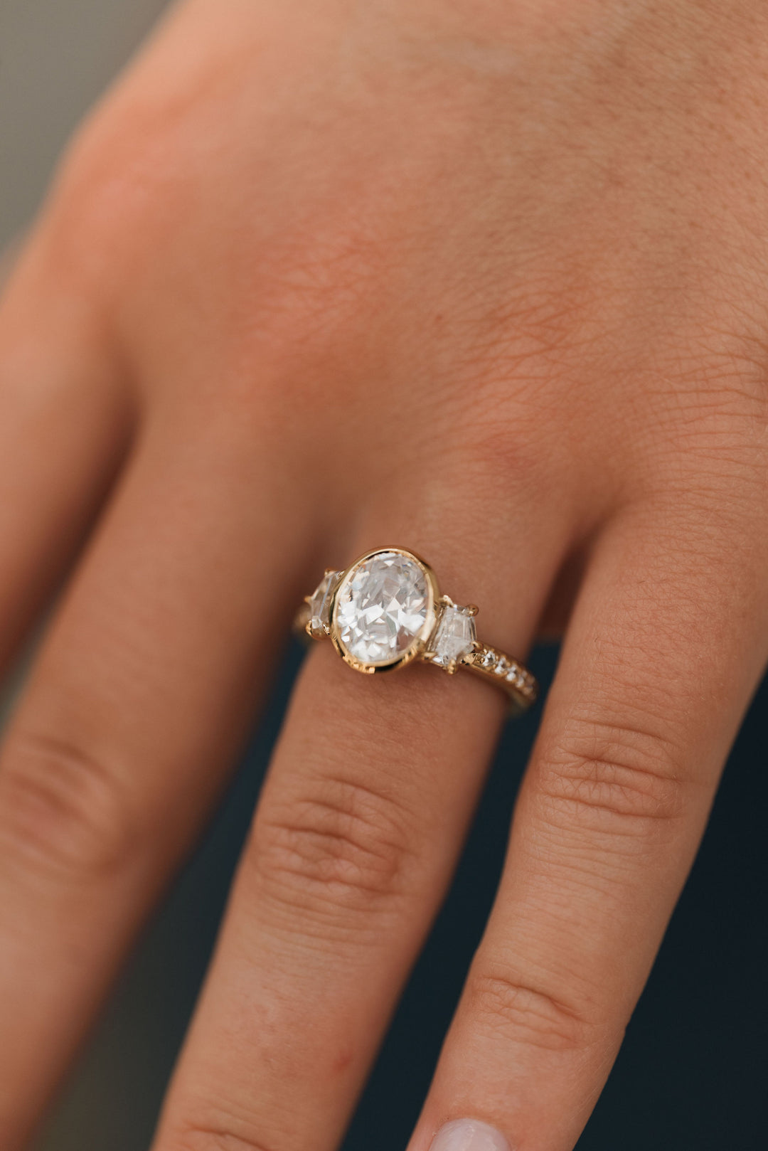 4.1 ctw oval diamond three-stone bezel pentagon with pave band engagement ring - Valentshop Jewelry