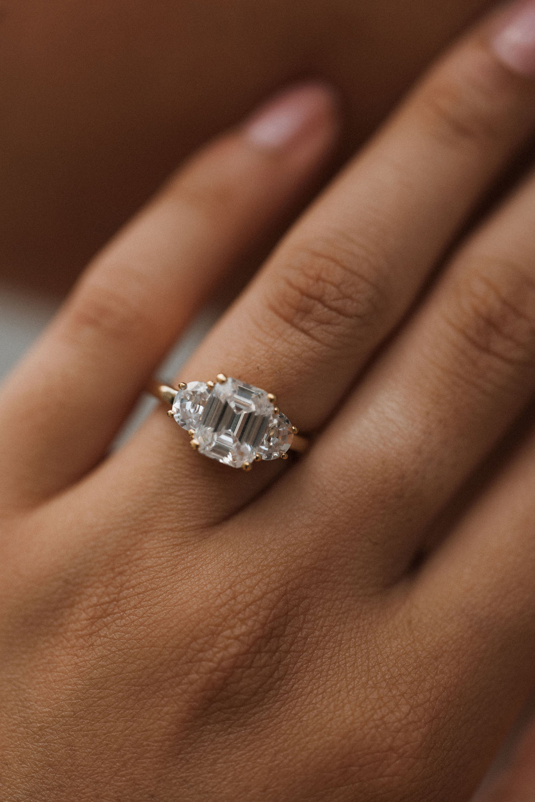 4.0 ctw emerald-cut diamond three-stone mezzaluna half-moon engagement ring - Valentshop Jewelry