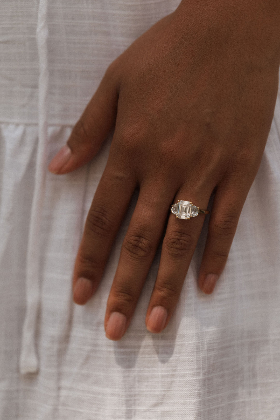 4.0 ctw emerald-cut diamond three-stone mezzaluna half-moon engagement ring - Valentshop Jewelry