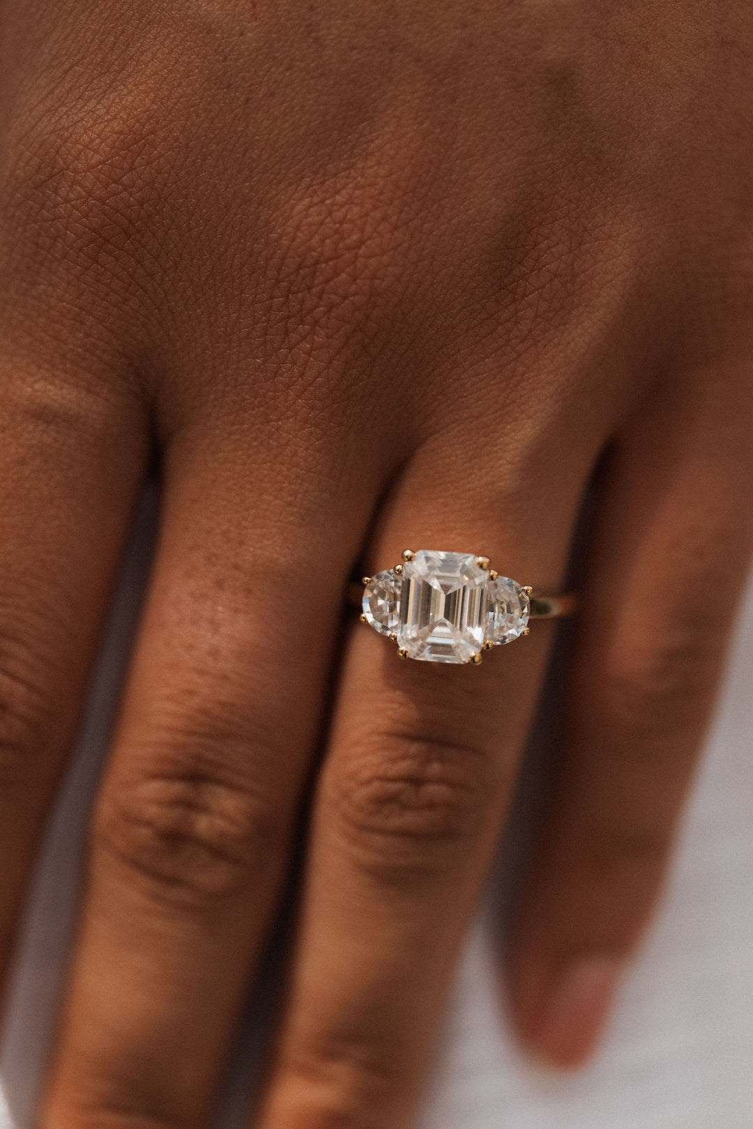 4.0 ctw emerald-cut diamond three-stone mezzaluna half-moon engagement ring - Valentshop Jewelry