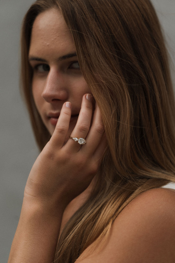 2.8 ctw round diamond three-stone kite with hidden halo engagement ring - Valentshop Jewelry