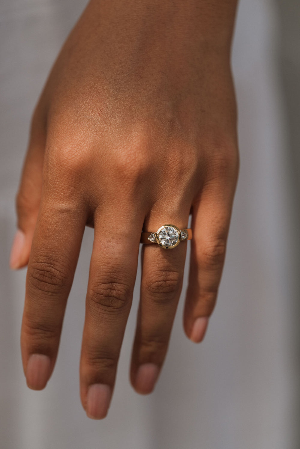 2.2 ctw round diamond bezel three-stone trillion wide band engagement ring - Valentshop Jewelry