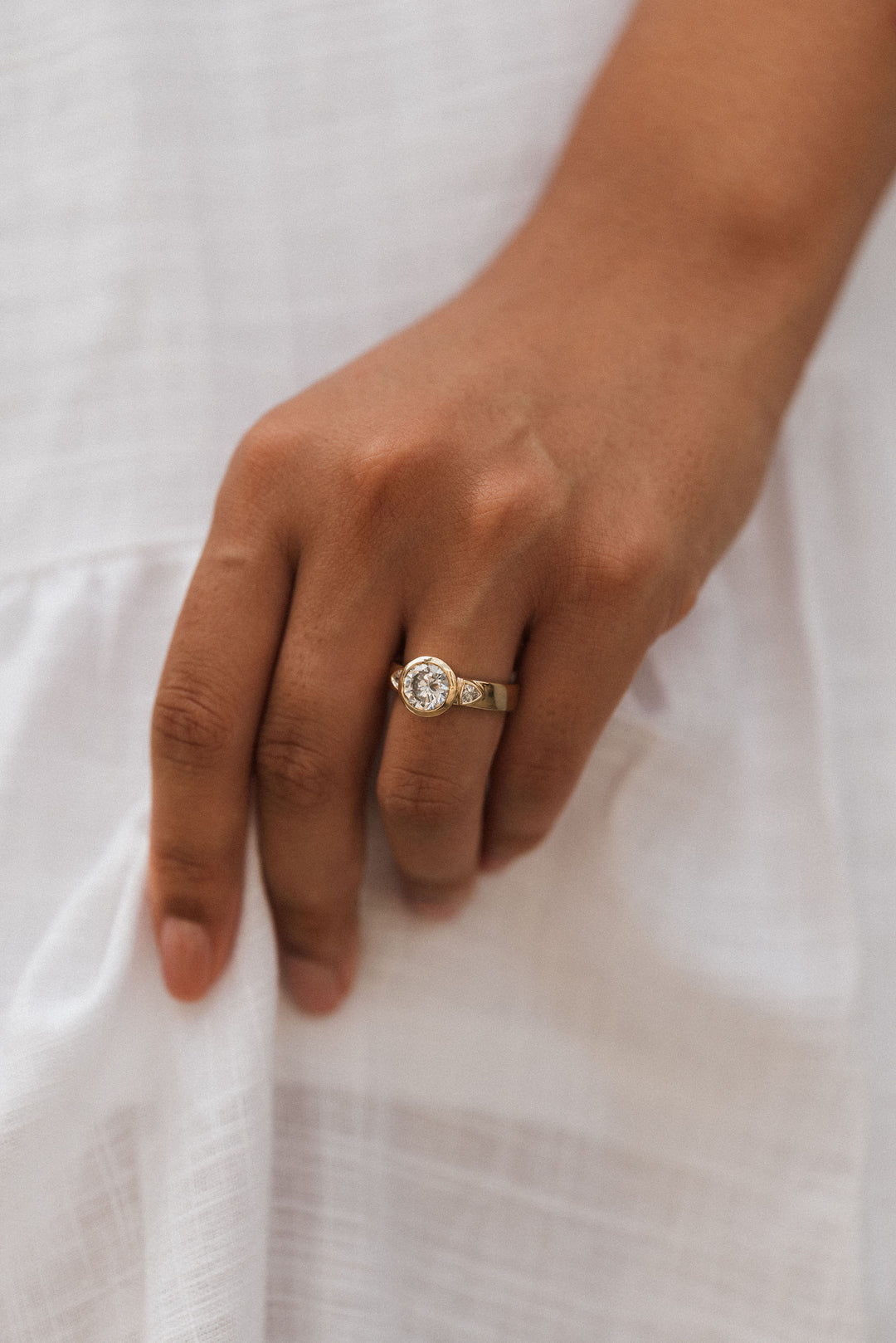 2.2 ctw round diamond bezel three-stone trillion wide band engagement ring - Valentshop Jewelry