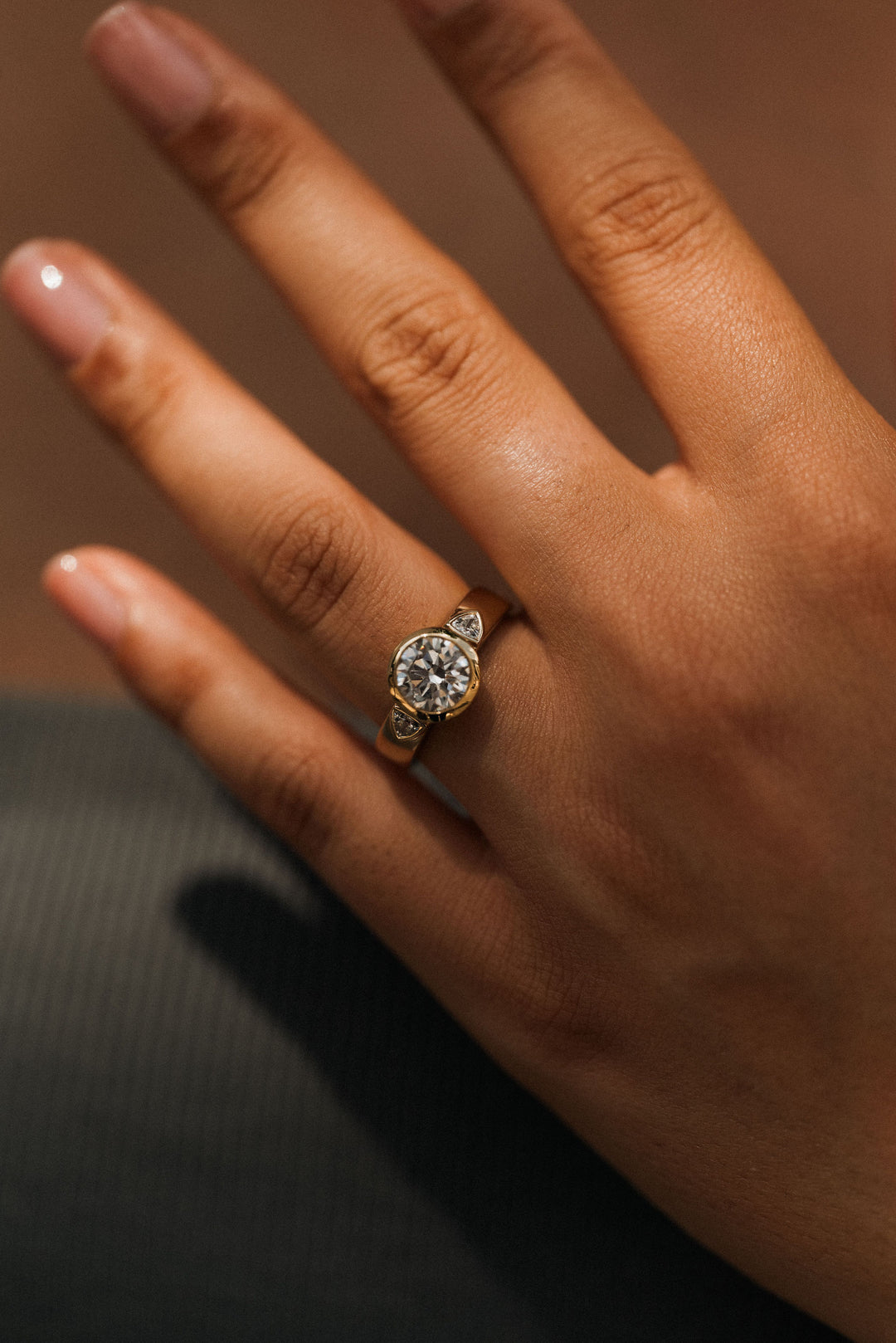 2.2 ctw round diamond bezel three-stone trillion wide band engagement ring - Valentshop Jewelry