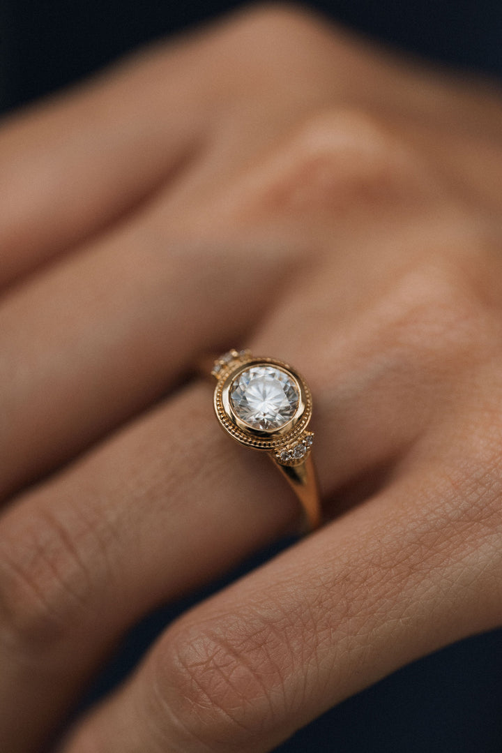 1 ct round diamond milgrain bezel engagement ring - Valentshop Jewelry