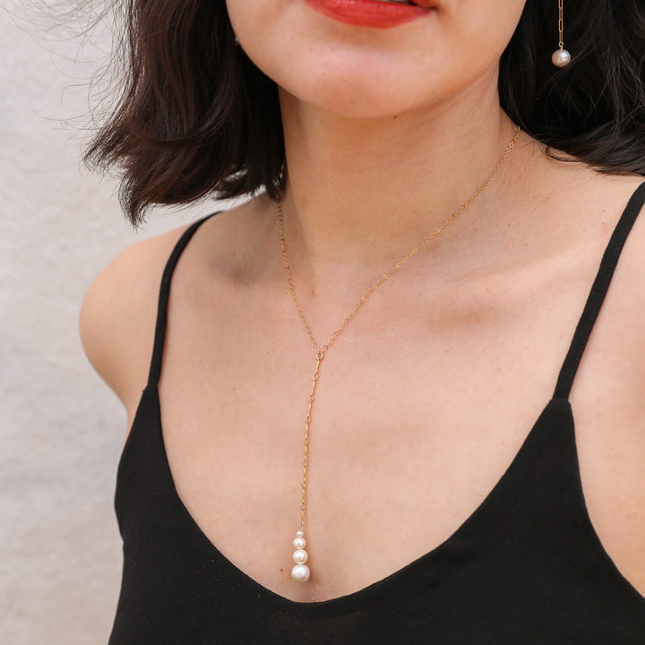 lariat y-necklace with graduated pearls & gold bar accents - Valentshop Jewelry