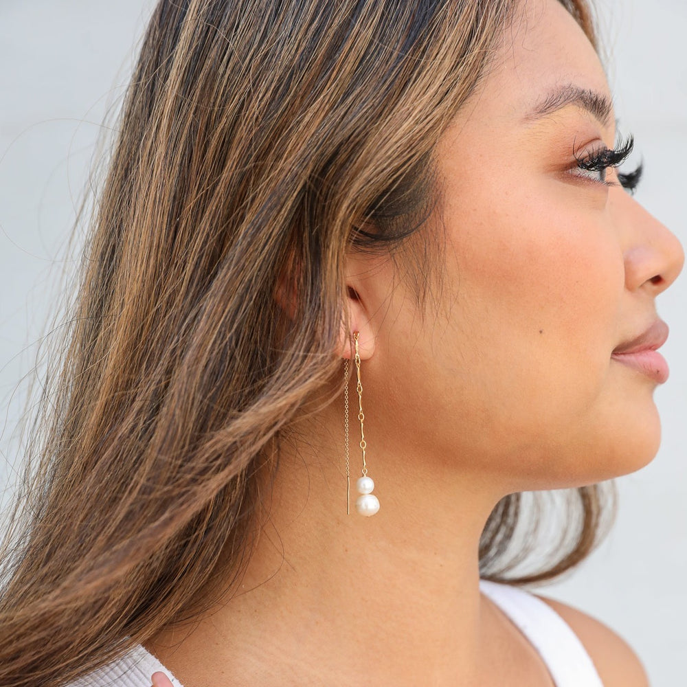 graduated duo pearl and gold bar threader earrings - Valentshop Jewelry