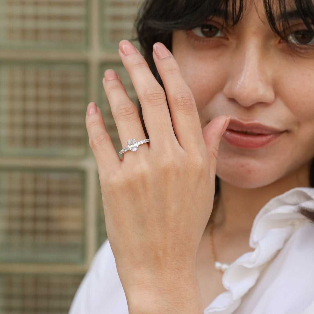 1 1/2 ctw oval diamond engagement ring with graduated diamond accents - Valentshop Jewelry