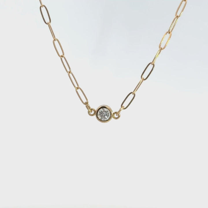 Round Bezel Diamond Paperclip Chain Necklace, 0.20 ct, 14K yellow gold