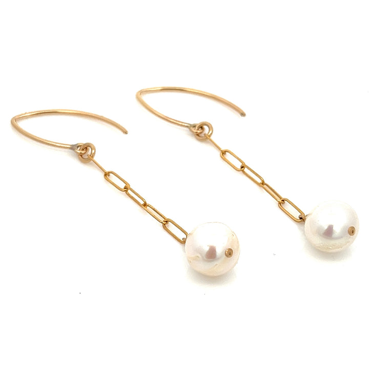 round pearl elongated chain drop earrings - Valentshop Jewelry