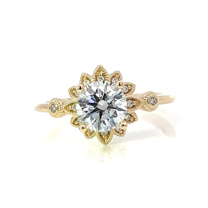 1.25 ctw round diamond sunburst engagement ring with milgrain details - Valentshop Jewelry